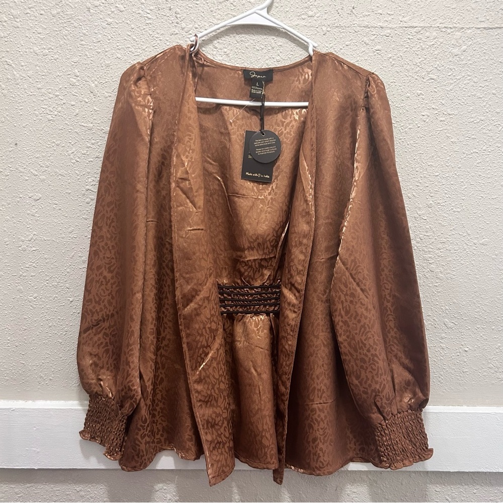 Japna Bronze Animal Print Ruched Open Satin Blouse NWT L